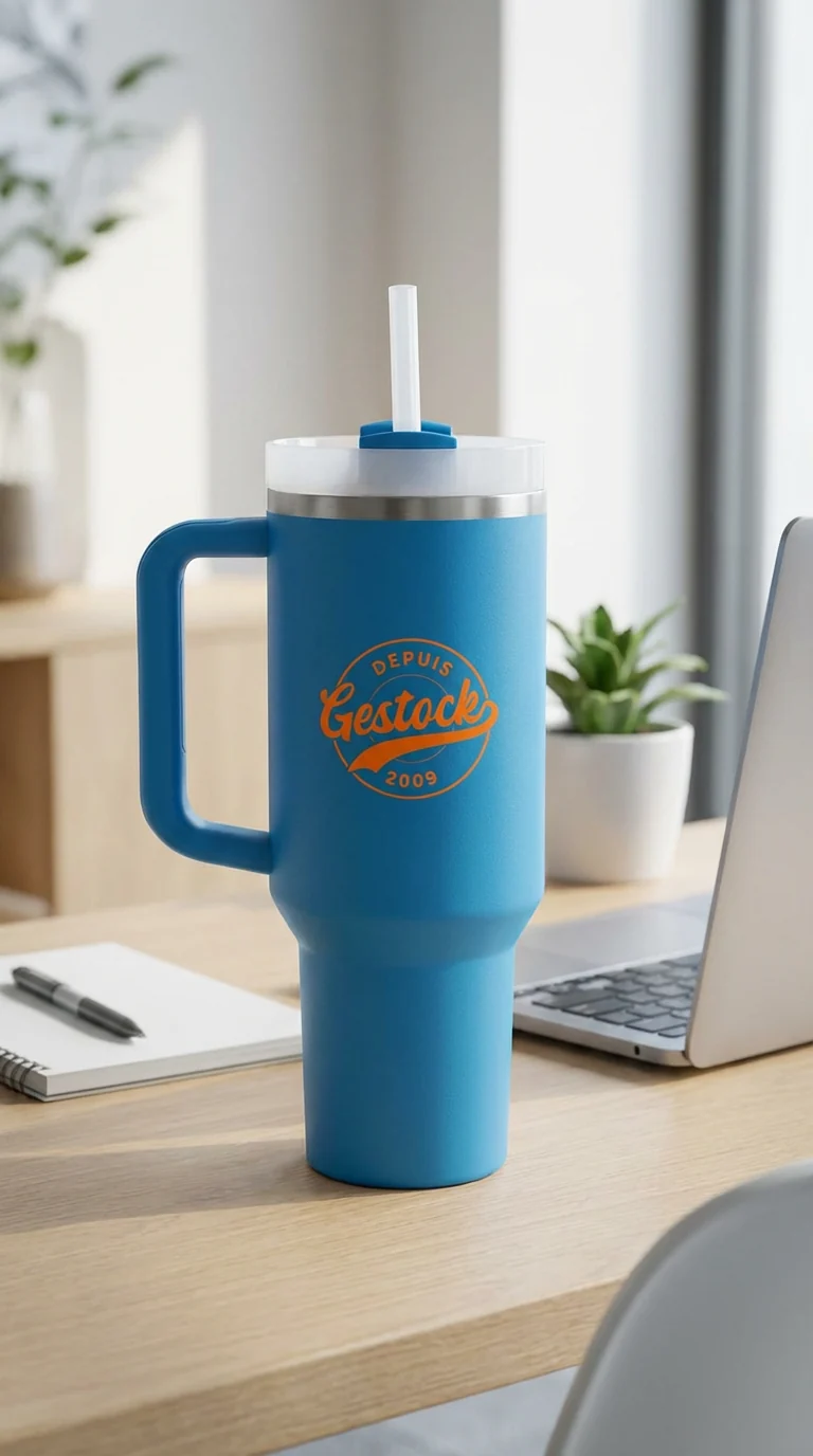 Gobelet bleu personnalisé avec le logo Gestock